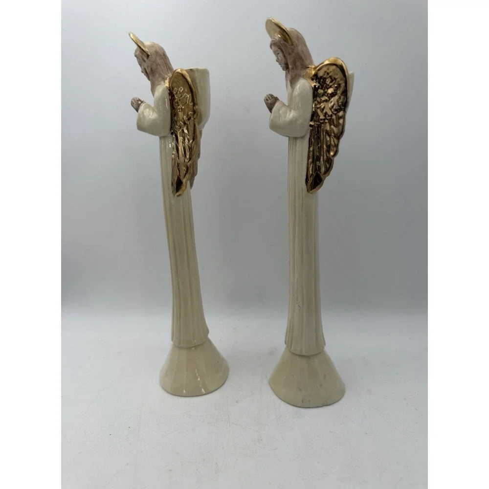 Vintage Pair Ceramic Praying Angel Pencil Candleholders Gold Wings 8.5